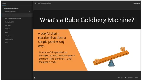 Concept introduction screen explaining what a Rube Goldberg machine is